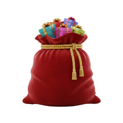 3D icon of Santa&rsquo;s gift sack made of red fabric with gold rope