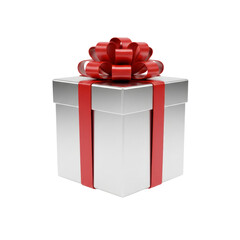 3D icon of a present box wrapped in silver paper with red ribbon, soft reflections, transparent background