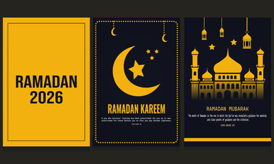 Ramadan 2026 greeting cards set with crescent moon and mosque silhouettes
