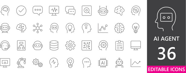 Minimal AI agent icon set featuring autonomous tasks, efficiency, planning, management, research, strategy, and intelligent workflow tools.