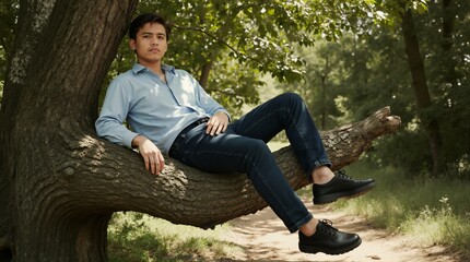 A young asian man in casual clothes sitting on a tree branch in the forest. Male model relaxing outdoors in nature. Youth lifestyle portrait
