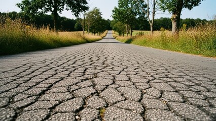 Cracked asphalt road stretches into a blurred, tree-lined horizon on a sunny day