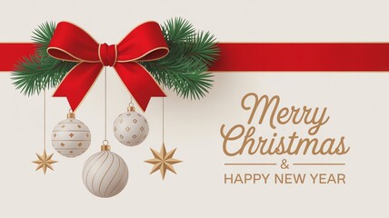 Elegant minimalist Christmas digital artwork with red ribbon, gold ornaments and luxury typography, perfect for printable wall art, cards, invitations and festive templates.