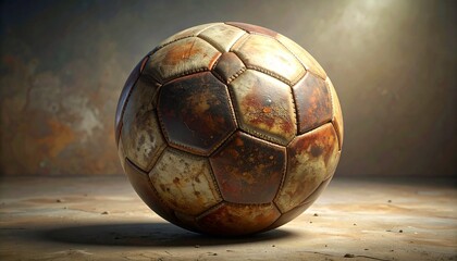 A worn-out vintage soccer ball with hexagon-pentagon panels rests on a rough surface, showing faded colors, cracked texture, and rust-like stains that evoke nostalgia and the enduring spirit of sport.
