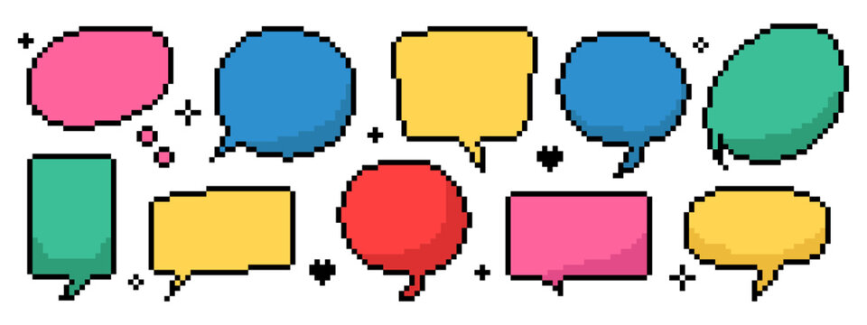 Modern pixel speech bubble set. 8-bit message box, chat frame and conversation balloons. Y2k trendy style.