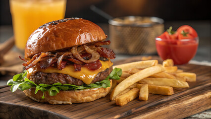 Delivery foods. Pizza, hamburgers, fried chicken and sides. Above view on a dark wood background.