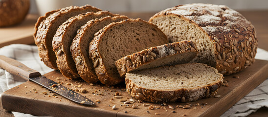 Sliced whole grain bread on wooden cutting board with knife in a cozy kitchen setting