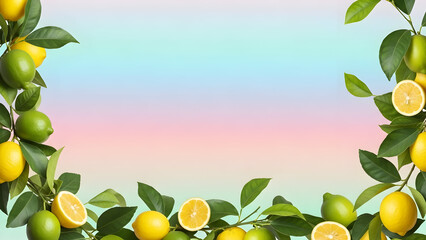 Fresh lemon and lime fruit branches forming a vibrant frame on a soft pastel gradient background.