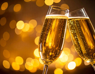 Dos copas de champán en brindis con fondo cálido y luces bokeh doradas para plantilla y publicidad de celebración, lujo festivo y escena navideña de fin de año con espacio para texto