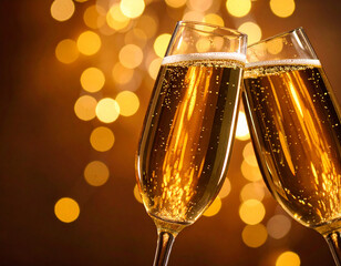 Dos copas de champán en brindis con fondo cálido y luces bokeh doradas para plantilla y publicidad de celebración, lujo festivo y escena navideña de fin de año con espacio para texto