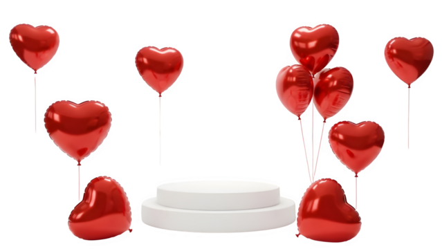 Red heart shaped balloons floating around a white podium isolated on transparent background - Powered by Adobe