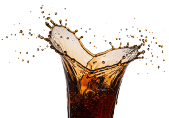 frozen hyperrealistic macro splash of dark amber-brown cola forming a liquid crown, micro-droplets suspended, dramatic high-contrast lighting against a transparent studio background. Concept for