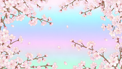 Fototapeta premium Cherry blossom branches with delicate pink flowers framing a soft pastel gradient background with falling petals, evoking a serene spring atmosphere.