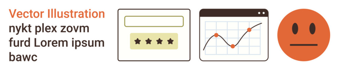 Customer satisfaction, business analytics, user sentiment, feedback analysis, rating systems, online reviews. Star rating, graph with trends neutral face icon. Customer satisfaction and business