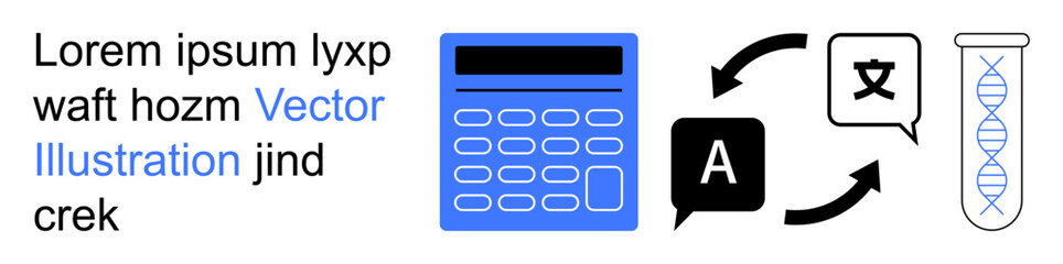 Fototapeta premium Education, technology, linguistics, genetic research, data analysis, programming. Calculator, language icons with arrows and DNA strand. Education and technology concepts
