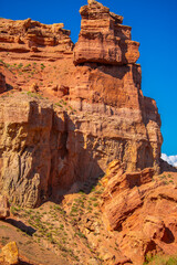 Fototapeta premium Charyn Canyon, Valley of Castles. The excellence of Kazakhstan. Panorama of natural unusual landscape. The red canyon of extraordinary beauty looks like a Martian landscape.
