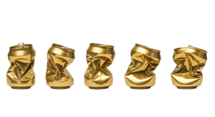 seven highly polished gold aluminum cans showing sequential degradation from pristine to flattened disk, isolated on a transparent studio background. concept of material lifecycle and sustainable