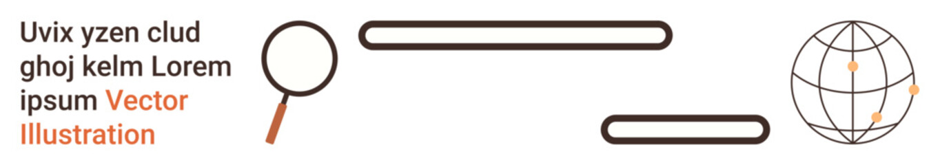 Data search, global connectivity, networking, exploration, location, online services. Magnifying glass, globe and text elements. Data search and global connectivity concept