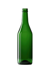 Empty, pristine, highly glossy, deep emerald green glass bottle with modern silhouette on a reflective white surface, emphasized by sharp rim lighting. Concept for luxury beverage packaging mock-up