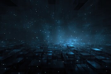 Futuristic digital abstract depicting a vast, dark landscape with glowing squares & specks, possibly data