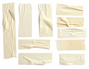 Beige masking tape pieces, wrinkled, adhesive strips isolated