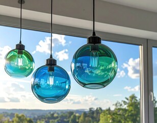 Glass orb pendants dangle before bright, outdoor skyline
