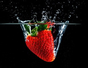 Strawberry falls into water, creating splashes