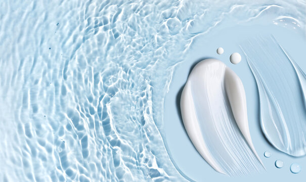 Fototapeta cosmetic cream smears, smooth and shiny texture, water texture ripple wave clean transparent water drops abstract blue background