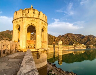 Domed pavilion overlooks calm water against mountain backdrop