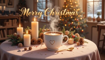 Golden Merry Christmas Greeting Over Steaming Latte Mug and Glowing Candles on Cozy Holiday Table 