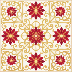Fototapeta premium Seamless patter of vines and geometric rosette tiles; ruby red, gold, and ivory color combination