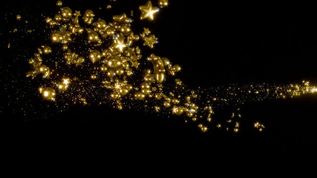 A star trail. Gold sparkles. Black background. Flying particles with christmas balls. Magic light. Fairy tail. Award for sparkling glitter trail particle. 3D Animation	