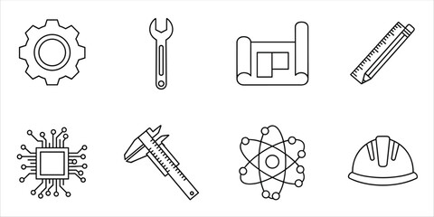 Fototapeta premium Engineering and science icon set: gear, wrench, blueprint, microchip, atom, helmet, tools 