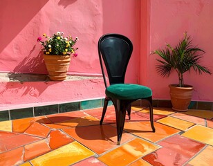 Pink corner featuring a chair, pots, and sunny tile