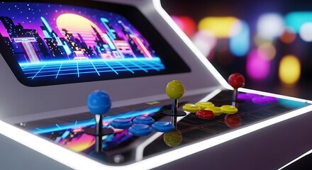 Closeup of a retro arcade game machine control panel featuring joysticks and buttons with a vibrant synthwave cityscape displayed on the screen
