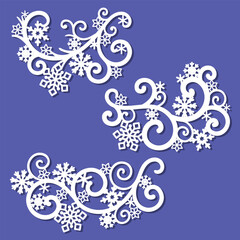 A set of delicate decorative branches with snowflakes. Laser-cut templates for paper, cardboard, wood, and metal. Suitable for Christmas and New Year's cards, greetings, decorative elements, and more.