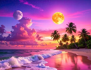 Vibrant beach with two moons, sunset colors, and palm trees