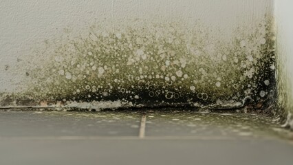Moldy wall meets tiled floor in a dirty, damp interior corner