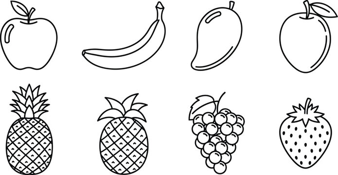 Collection of 8 fruit outline vector icons featuring apple banana mango pineapple grapes strawberry isolated on white background