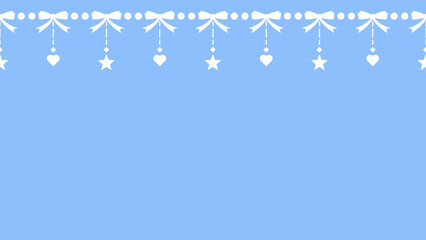 Cute decorative border pattern featuring white bows, dangling hearts, stars, and dotted accents on a soft blue background. Ideal for stationery, greeting cards, packaging