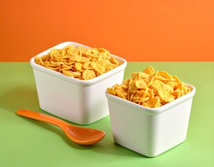 Cereal-filled white bowls on green, orange spoon nearby