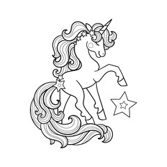 A beautiful unicorn and star. Black and white line drawing. Suitable for children's coloring books, prints, posters, cards, stickers, etc. Vector illustration