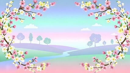 Obraz premium A beautiful pastel spring landscape with cherry blossom frames and a winding river.