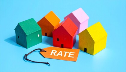 Five colorful model houses—yellow, orange, blue, green, and pink—stand in a row on blue, with a brown tag labeled "INTEREST RATE" in front, symbolizing housing costs and mortgage dynamics.