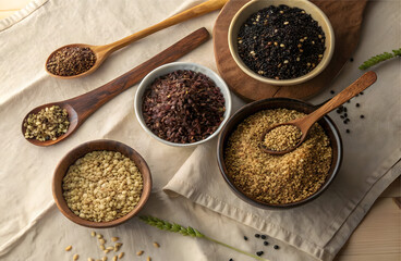 Grain Variety in Bowls: Diverse grains, showcased in rustic wooden bowls, each offering a unique color and texture, creating an inviting still life of healthy culinary ingredients and rustic charm.