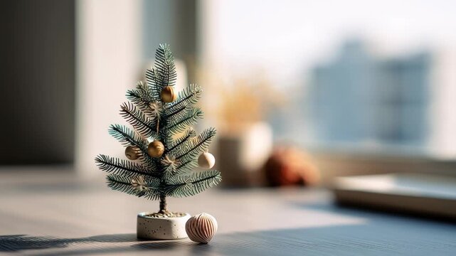 Tiny desktop christmas tree, miniature christmas tree on an office tabletop, soft natural daylight, simple decorations, subtle winter charm