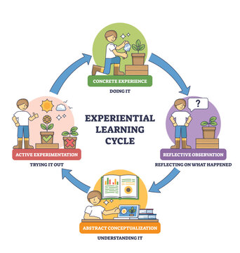 Experiential learning cycle shows a circular process of doing, reflecting, understanding, and trying, arrows, student, plant guide the stages. Outline diagram