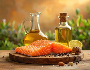 Salmon fillet with oil and lemon on rustic wood