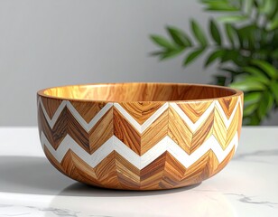 Wooden bowl with chevron pattern against blurry green plant