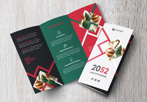 Corporate brochure design template &ndash; Professional modern tri-fold leaflet with geometric layout and business theme in Red and Green